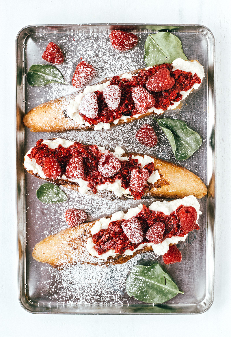 Rustic French Toast with Roasted Raspberries and Almond Ricotta