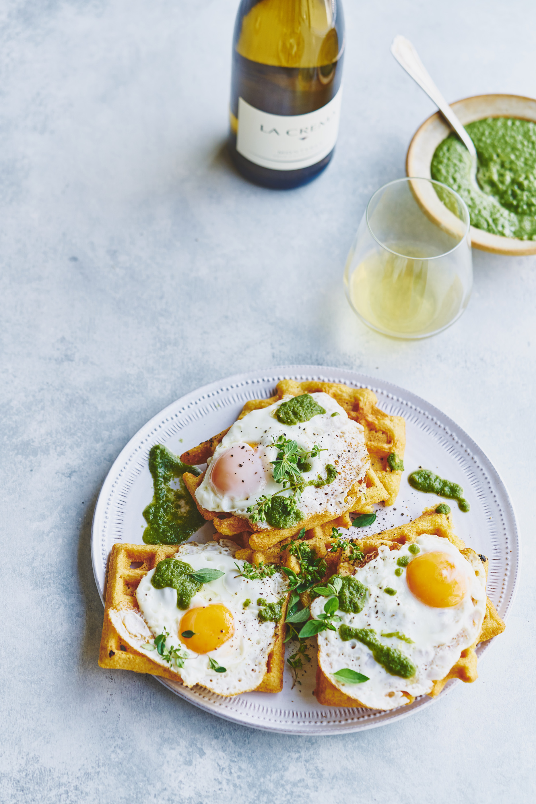 Green Huevos Rancheros and Cornmeal Waffles (Dairy-Free)