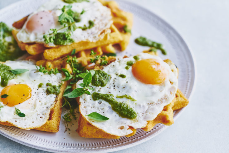 Green Huevos Rancheros and Cornmeal Waffles (Dairy-Free)